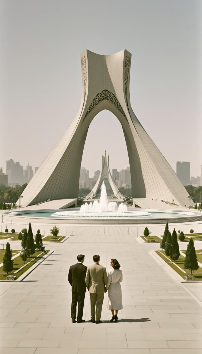 AI generated: A young couple from the 1950s stands in Tehran’s iconic **Azadi Square (formerly Shahyad Square)**, ...