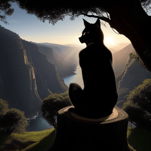 AI generated: A captivating silhouette of a rim-lit black cat, back view, perched on a weathered tree stump as the...