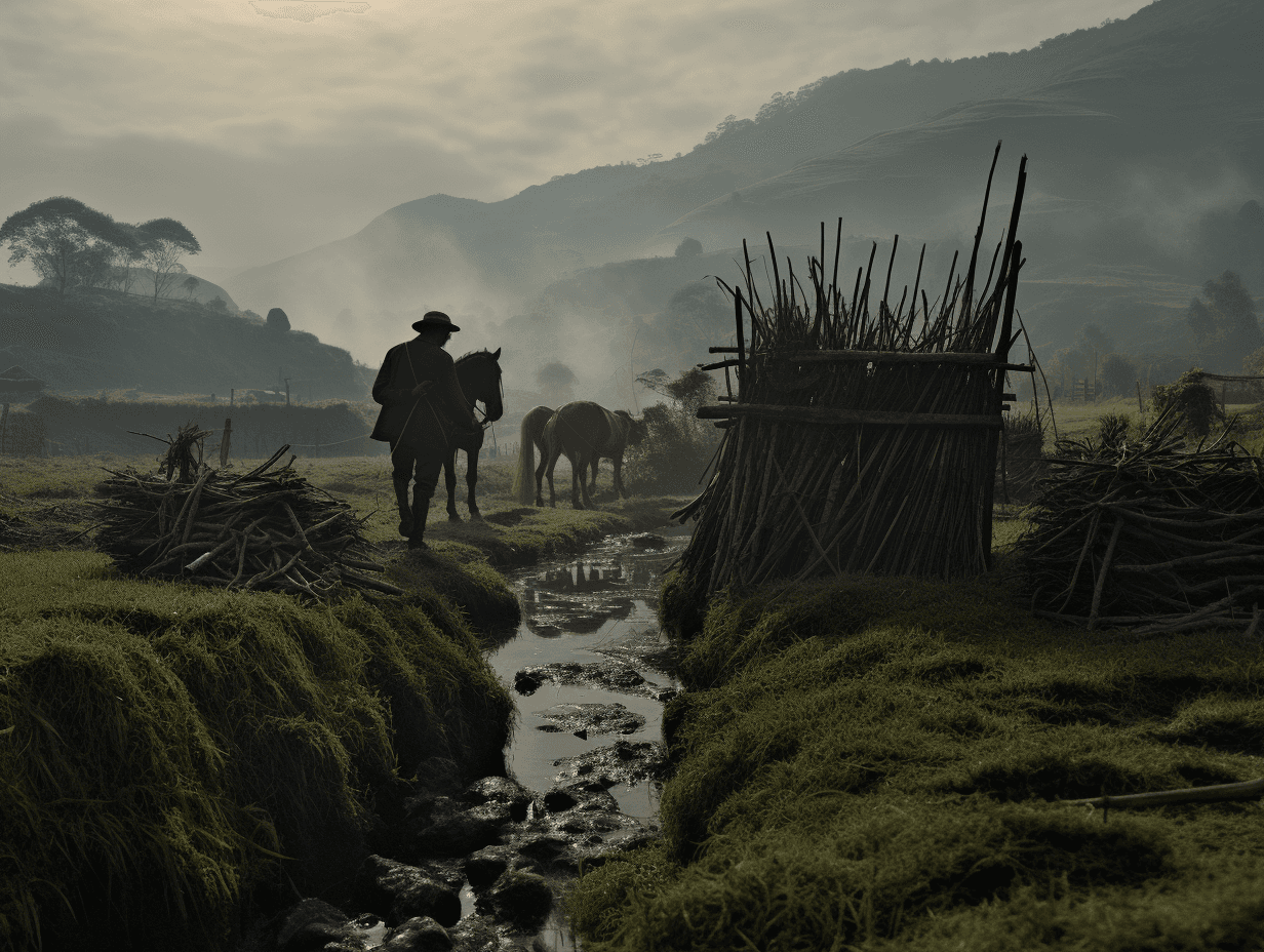 AI generated: a man working in a field, with horses and basket, in the style of experimental cinematography, primi...