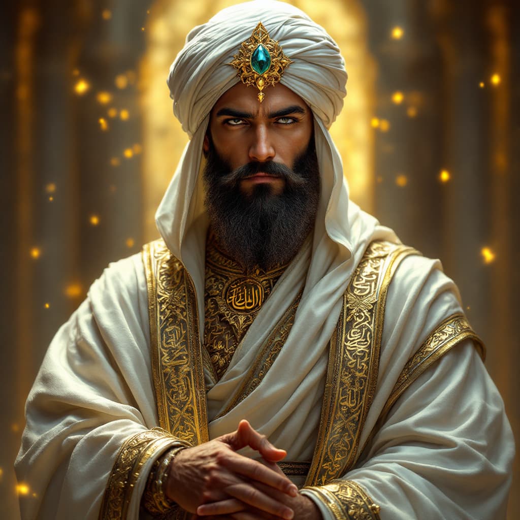 AI generated: A majestic Islamic warrior scholar, wearing a flowing white and gold robe adorned with intricate Ara...