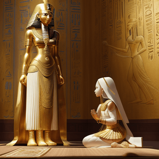 AI generated: Photo of a ultra realistic The Darvish sitting in front of the Pharaoh's daughter in a private chamb...