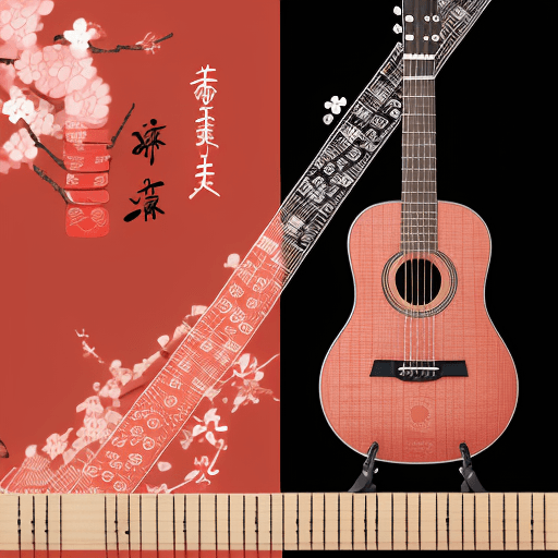 AI generated: Acoustic guitar with kanji characters: "Generate an image of a beautiful acoustic guitar with Japane...