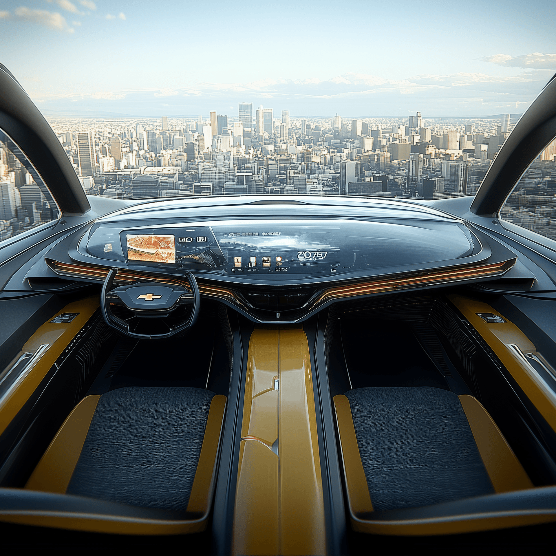 AI generated:  Silverado, chevy, pickup, truck, Cyberpunk 2077, concept, future, wide angle shot --chaos 95 --ar 1...