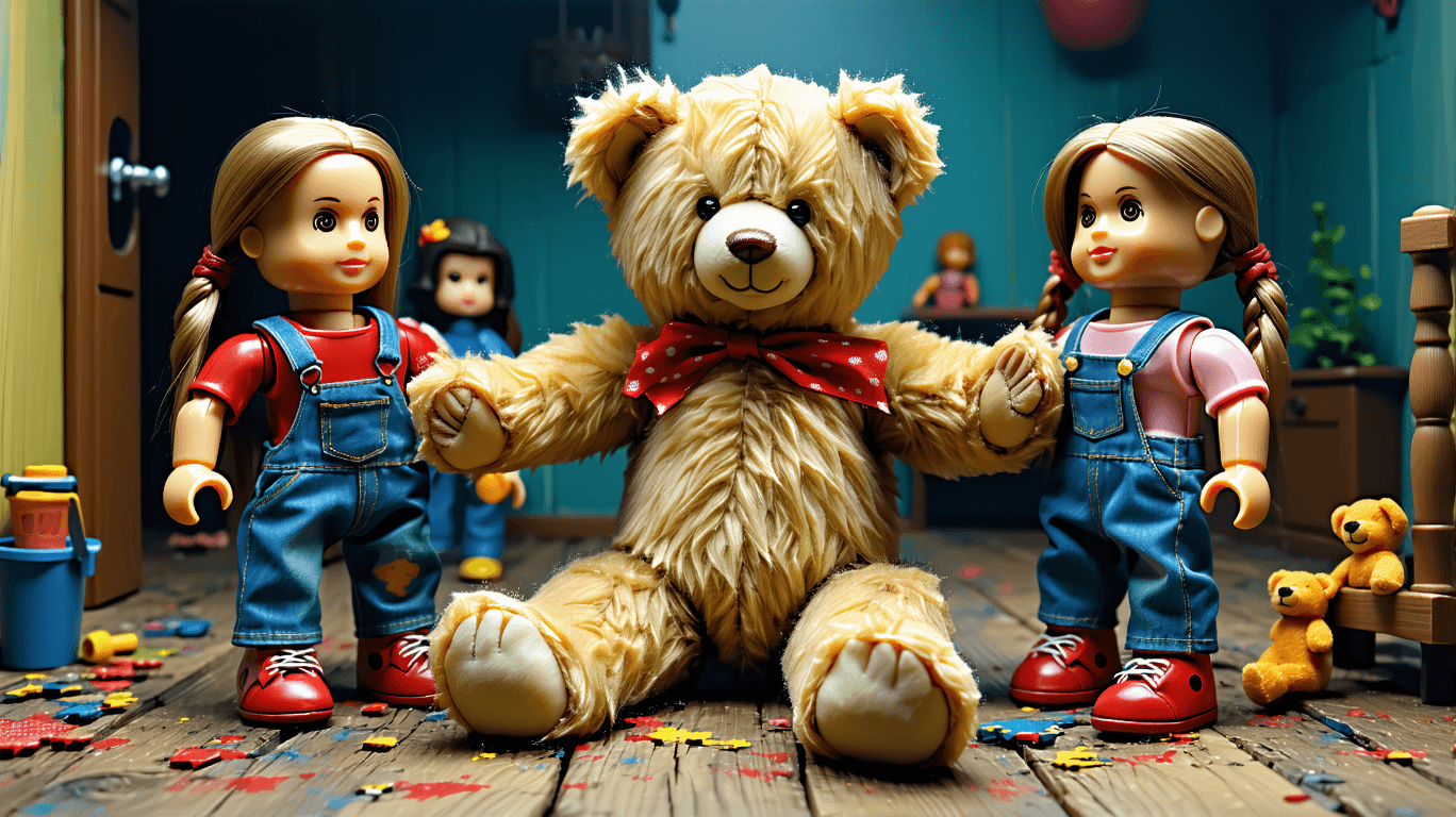 AI generated: poor teddy bear getting his arms pulled off by evil dolls because it get to much love from the playg...