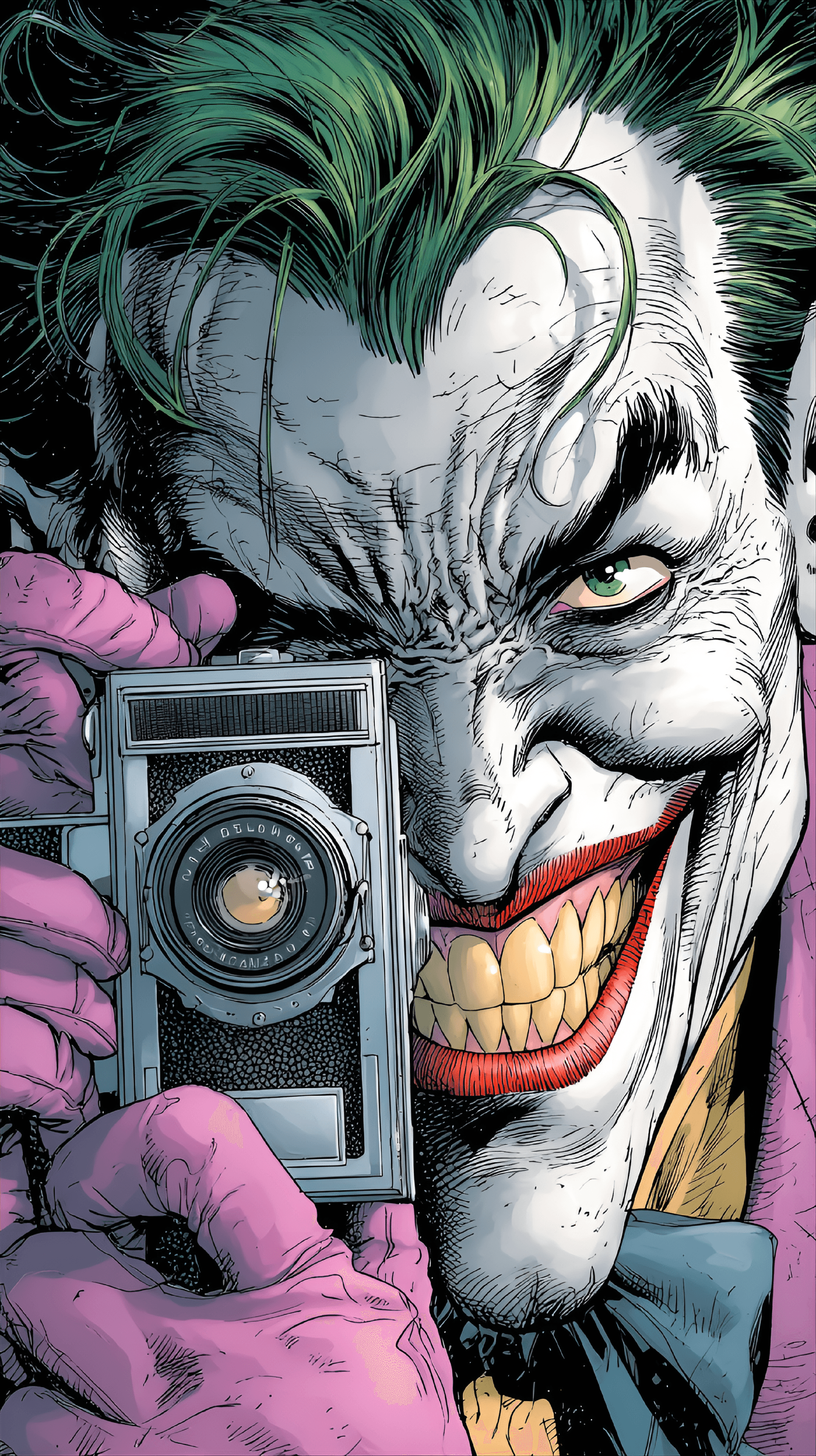 AI generated: Dynamic comic book illustration of the DC Comics Joker in a close-up portrait. He holds a vintage bo...