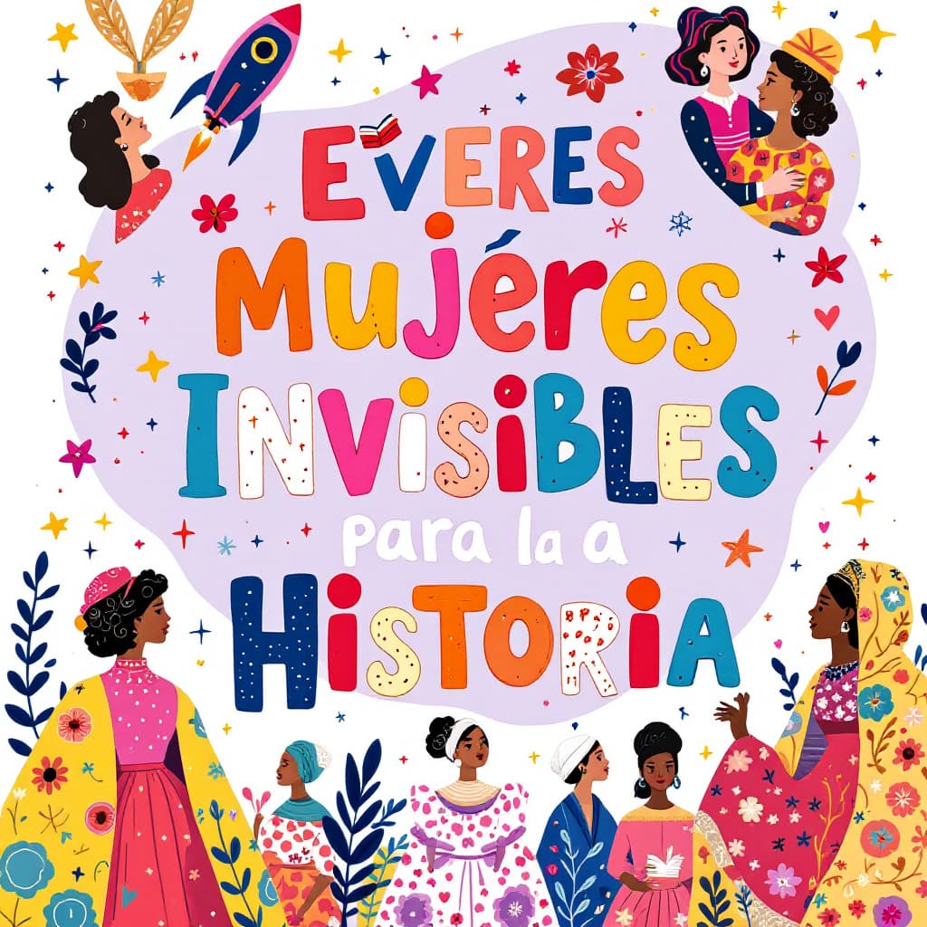 AI generated: Whimsical and empowering poster featuring the text "Mujeres Invisibles para la Historia" in a mix of...