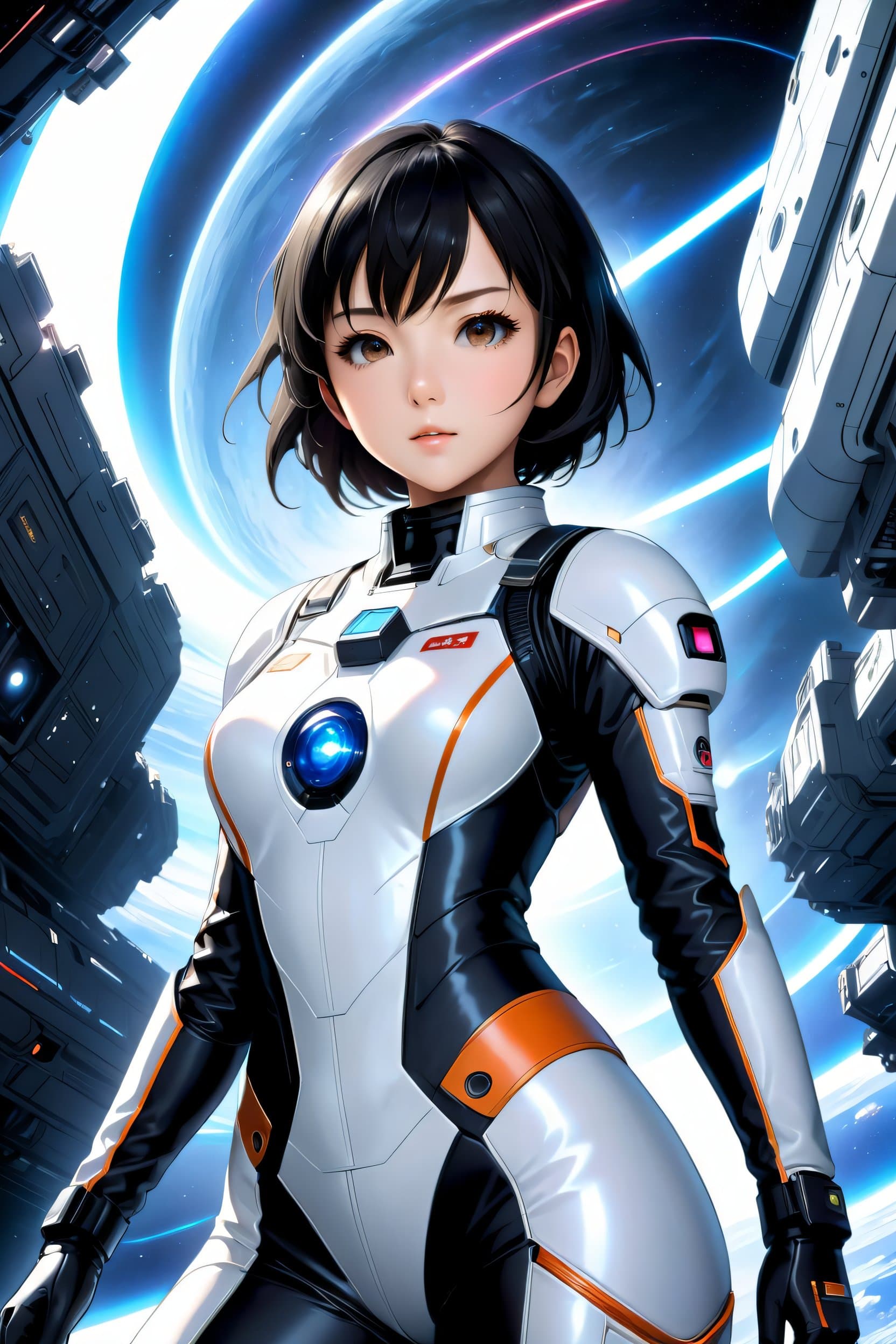 AI generated: Girl in spacesuit, spaceship inside, Tsutomu Nihei style, Sidonia no Kishi, gigantism, laser generat...