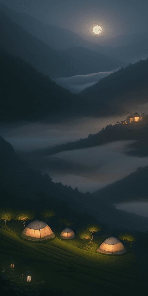 AI generated: /imagine prompt: Within a mystical tea estate covered in ethereal mist, tents pitched on terraced sl...