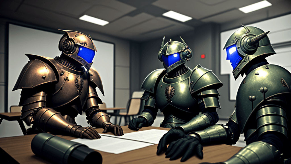 AI generated: Armoured warriors discussing in a secret lab, human eyes
