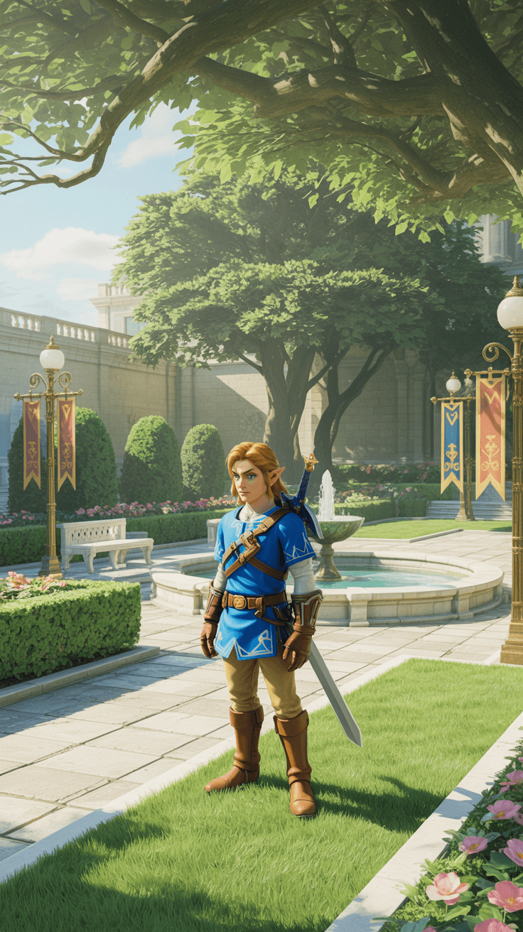 AI generated: Create a hyper-realistic scene of Link standing in the royal gardens of Hyrule Castle. The setting i...
