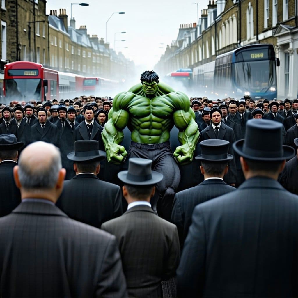 AI generated: london gangsters versus the hulk, hundreds perish, photorealistic