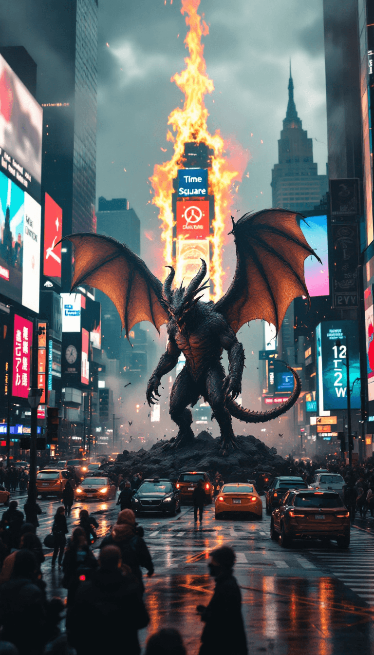 AI generated: A Balrog stand in middle of TimeSquare in NY, causing confusion and traffic mess, epic worm view pic...