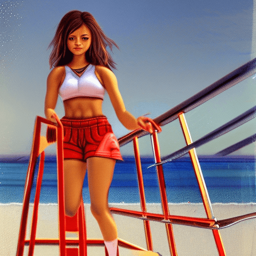 AI generated: 1girl, (full body), (action shot), (dynamic pose), (a girl as a lifeguard wearing a plain white shir...