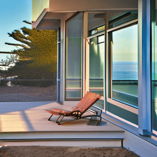 AI generated: Hyper realistic eye level exterior photo of a mid century modern style house overlooking the ocean, ...