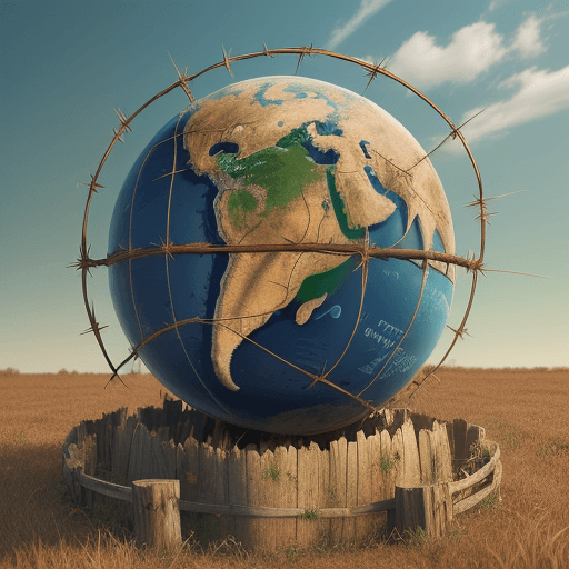 AI generated: A rustic sharp fence with Barb wire wrapped around it,  Holding planet Earth Hostage ultra-detailed 
