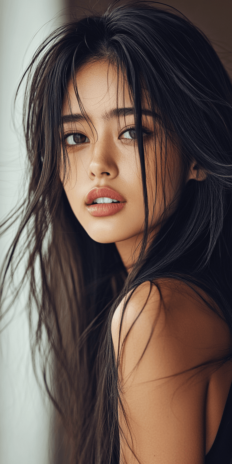 AI generated: woman with beautiful long brown hair, in the style of Kenro Izu, meticulous technique, magewave, hal...