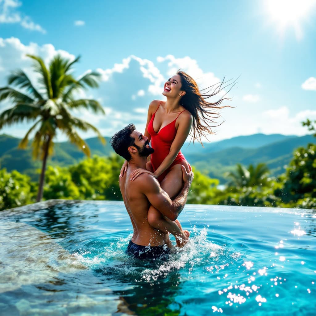 AI generated: A joyful image of a indian 
couple in their early 30s playing in an infinity pool at a boutique reso...