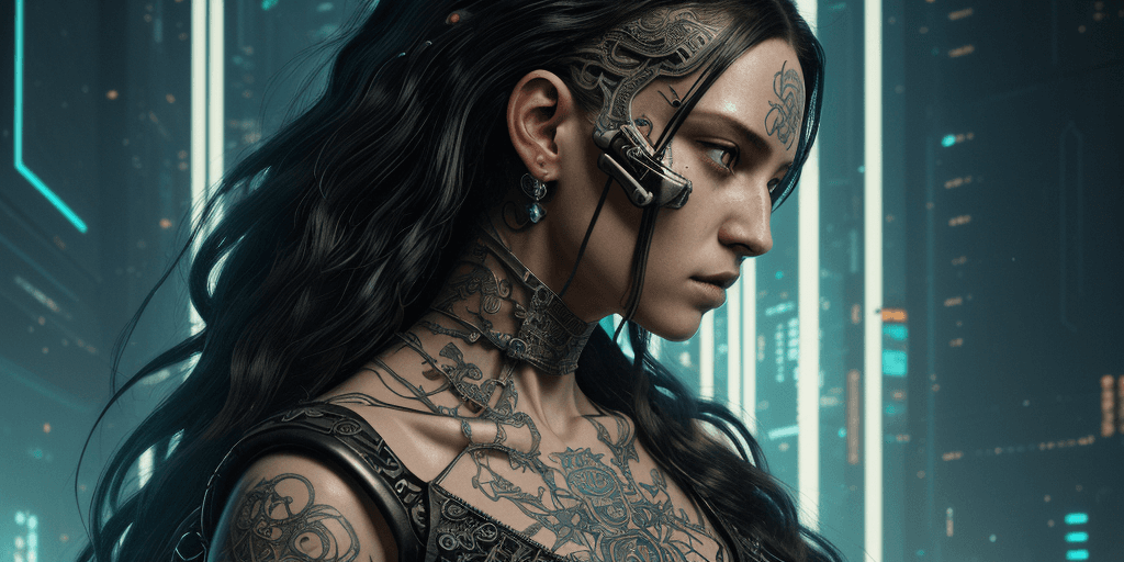 AI generated: tarot card with intricate detailed frame around the outside, side portrait of cyberpunk head with lo...