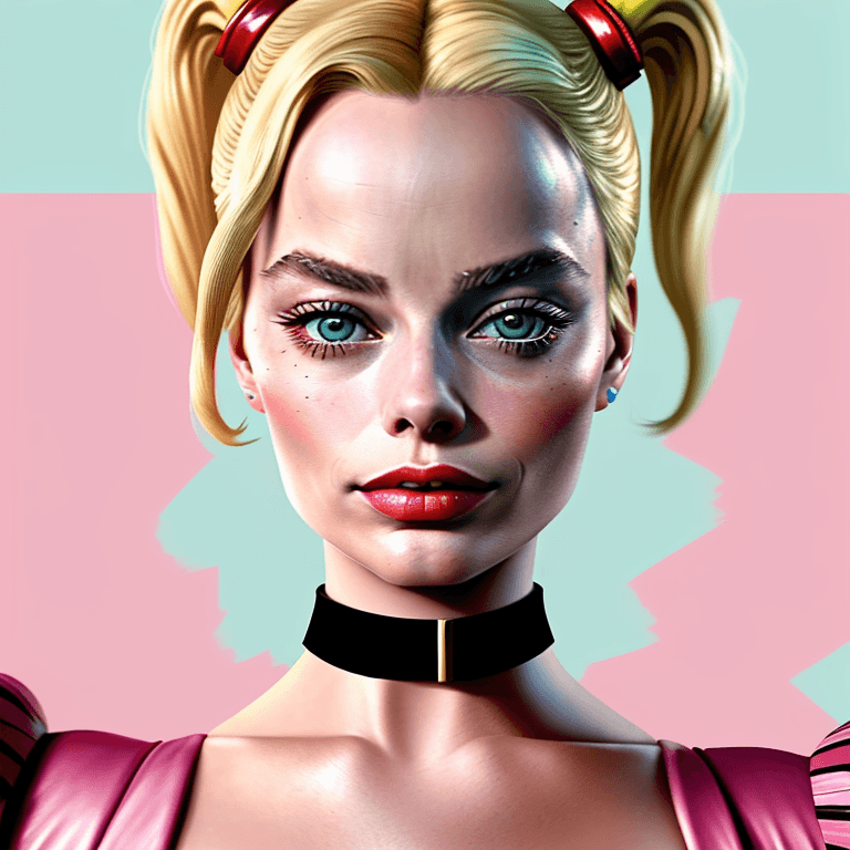 AI generated: Vogue style photo shoot of margot robbie as character harley quinn from the movie The Royal Tenenbau...