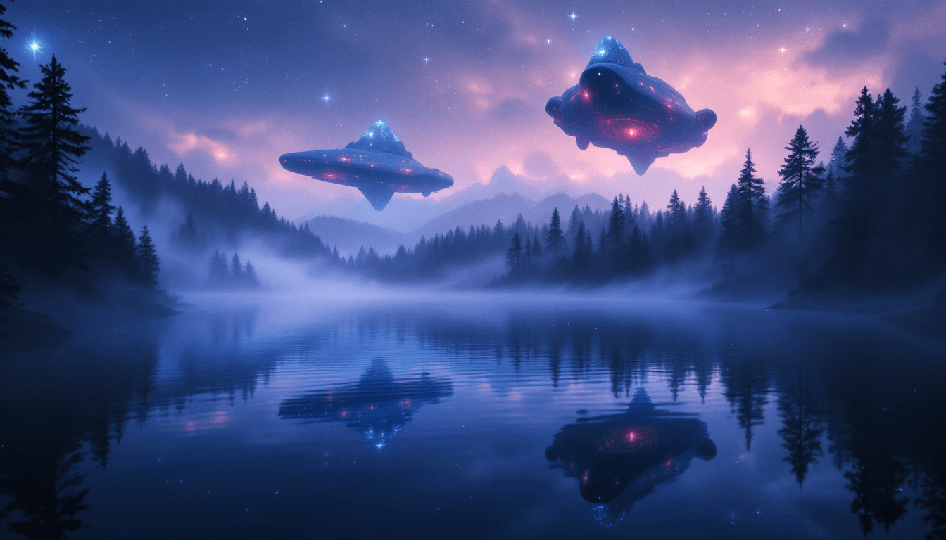 AI generated: Cosmic ships above a tranquil lake surrounded by forest, mist, fog and reflected lights, early morni...