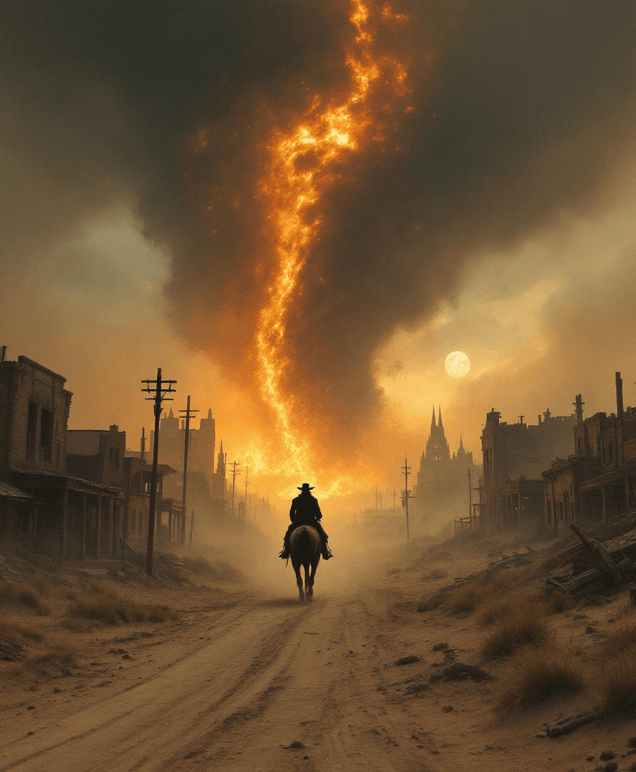 AI generated: At the heart of a forgotten Western ghost town during a violent sandstorm, a lone silhouette of a ri...