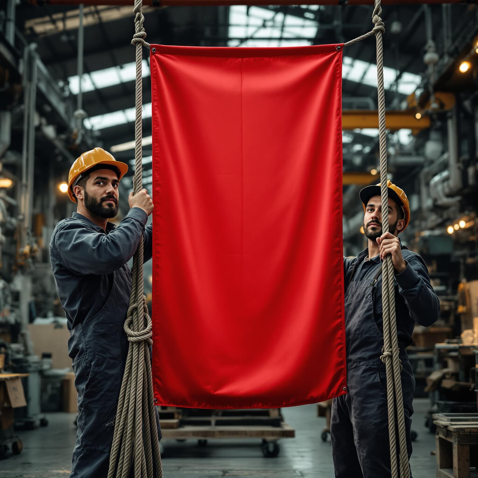 AI generated: In the factory photo, two workers in the workshop are hanging a red banner and looking at the camera...