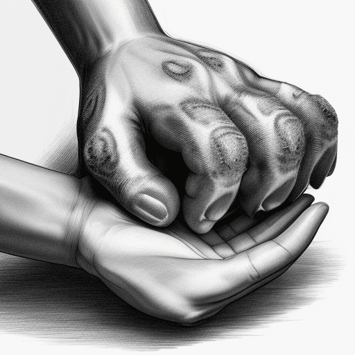 AI generated: A highly detailed monochromatic illustration of a human hand touching a flawless large cat paw, with...