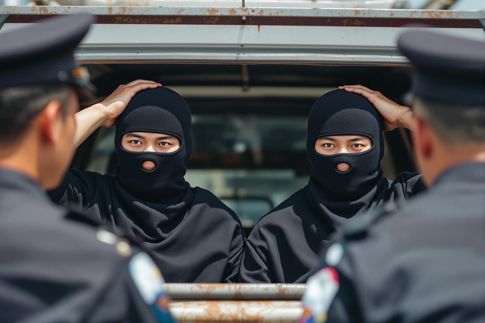 AI generated: Two strong male Asian born Chinese anthletes arrested by policemen in day time. They are under polic...