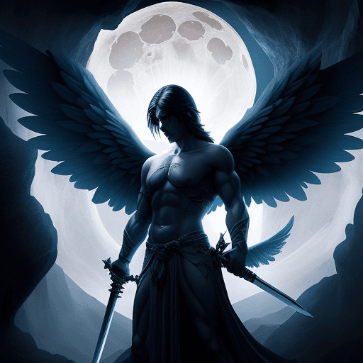 AI generated: A strong angel dark having a sword with his big wings in the cave  with a little moon light