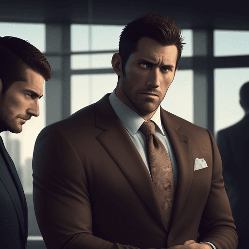 AI generated: 2 men, frown, sports coat, gym, sportswear, realistic face, 30 years old, wild, strong build, (brown...