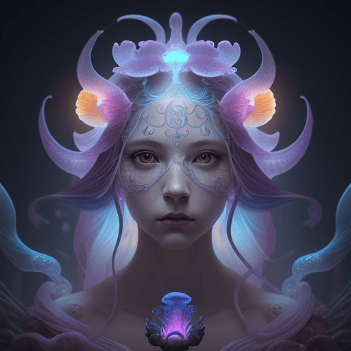 AI generated: Goddess close-up portrait ribcagel. jellyfish phoenix head, nautilus, orchid, skull, betta fish, bio...