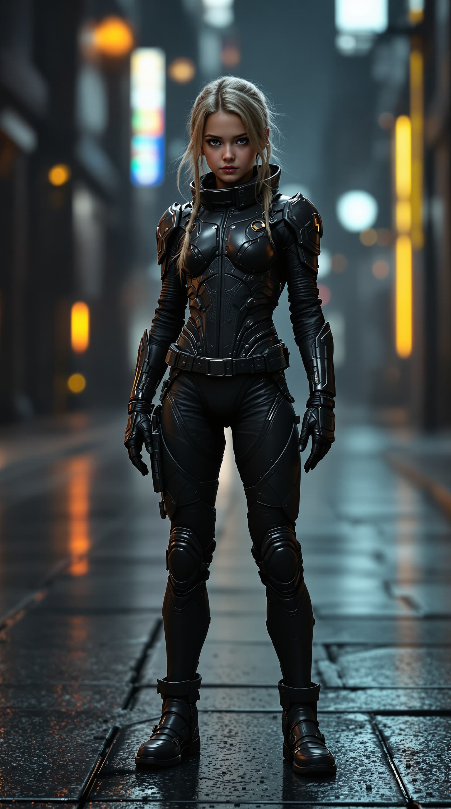 AI generated: hyper-realistic depiction of a twelve year old Kathryn Newton dressed in a lightly armored leather b...