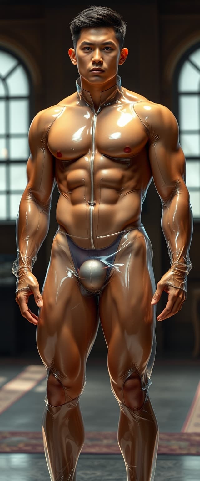 AI generated: Hyper-realistic muscular asian man in a skin-tight transparent and translucent plastic suit, wearing...