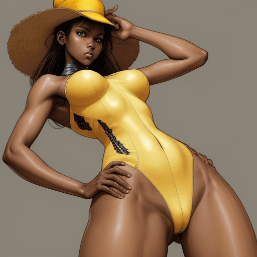 AI generated:  women  wearing alternate yellow costume, alluring, brown skin 
body, Kim Jung gi