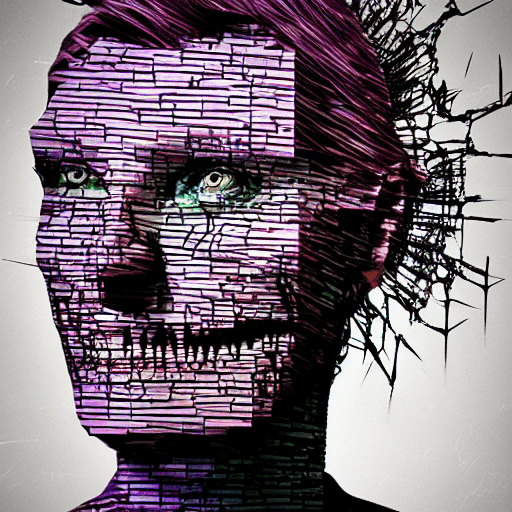 AI generated: datamoshed portrait of a scary creature. Glitchy, distorted, scary. Datamoshing art, impactful compo...