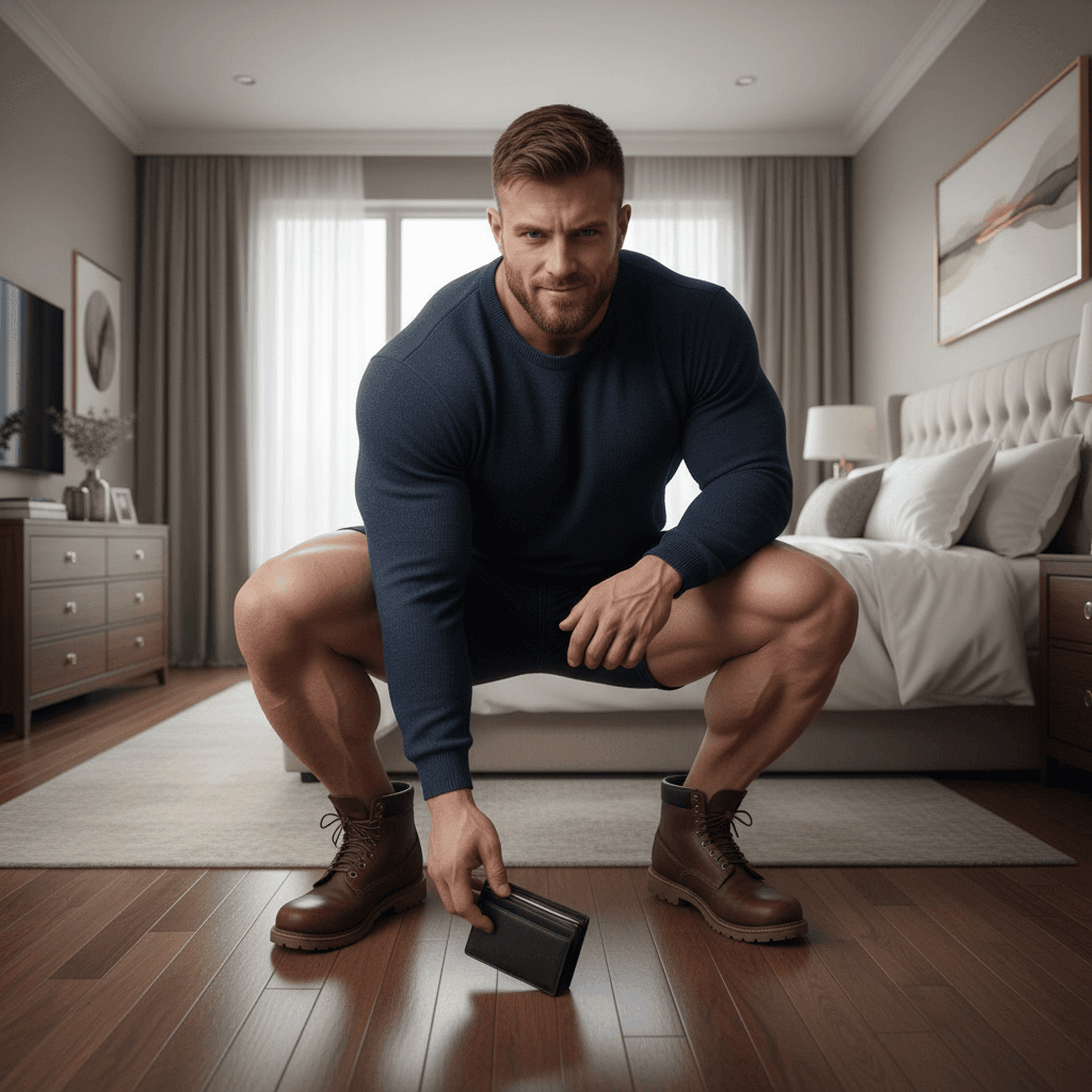 AI generated:  At a large bedroom. The model is a bodybuilder, he has muscular shoulders, and huge muscular legs. ...