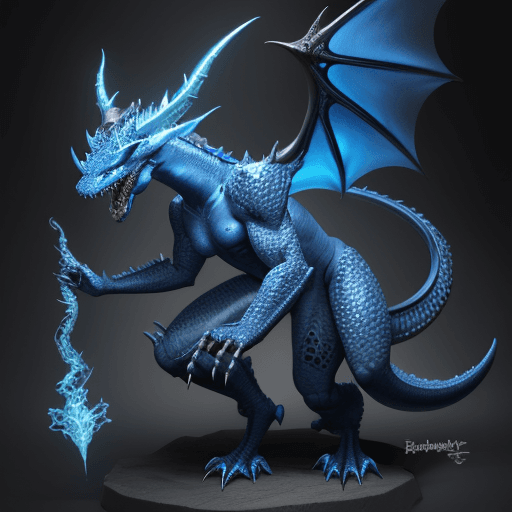 AI generated: A blue draconic humanoid, with blue lightning breath, with scales, sharp fangs, very detailed face, ...
