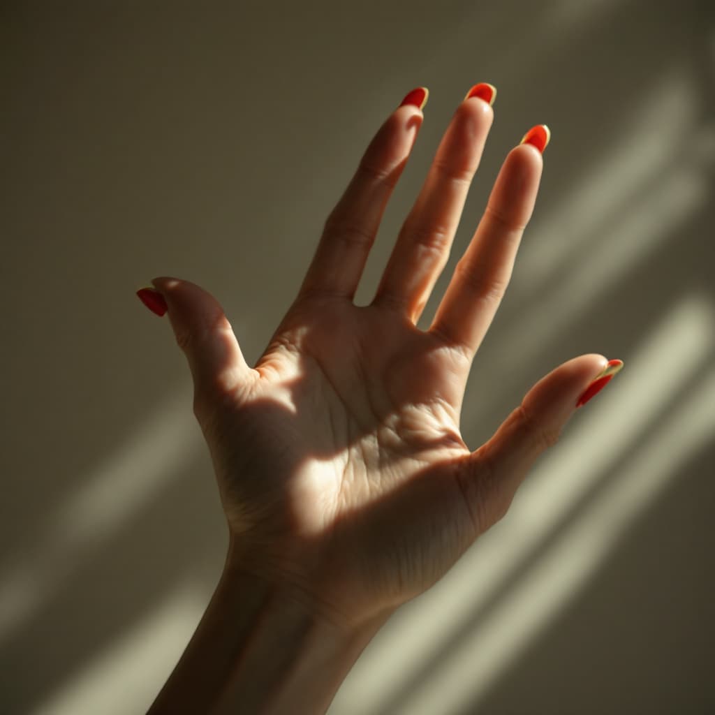 AI generated: elegant female hand, side view reaching up. dramatic lighting
