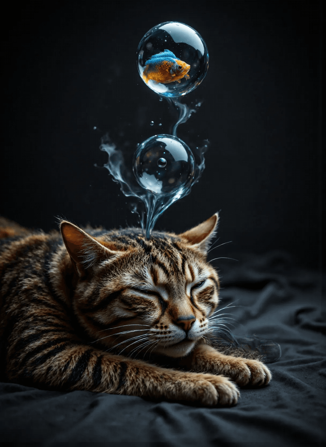 AI generated: The image depicts a cat lying down with its eyes closed, appearing to be asleep. The cat has a strip...