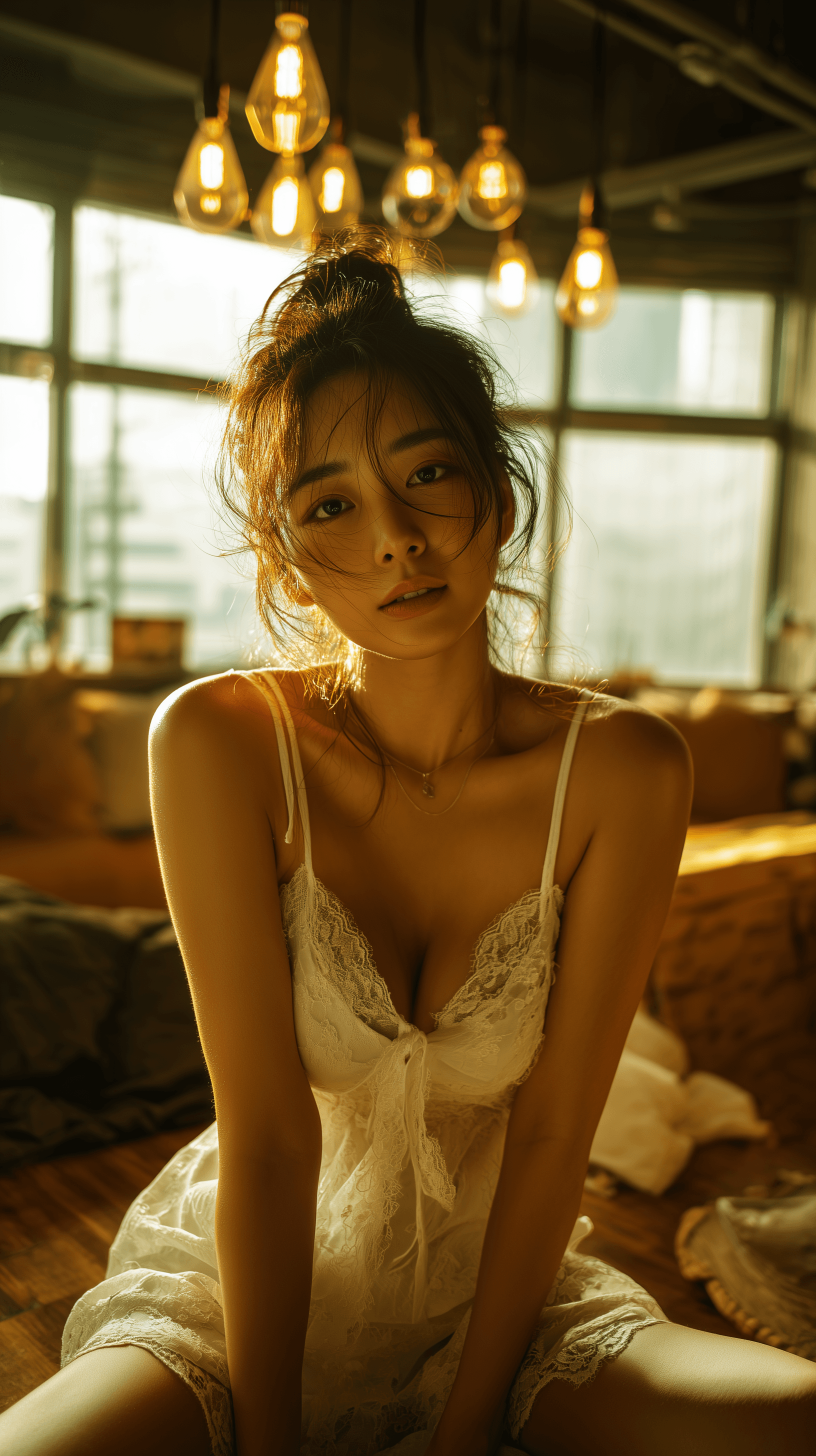 AI generated: A 8K photo of a beautiful young Korean woman with wavy brunette hair tied loosely in a bun, sitting ...