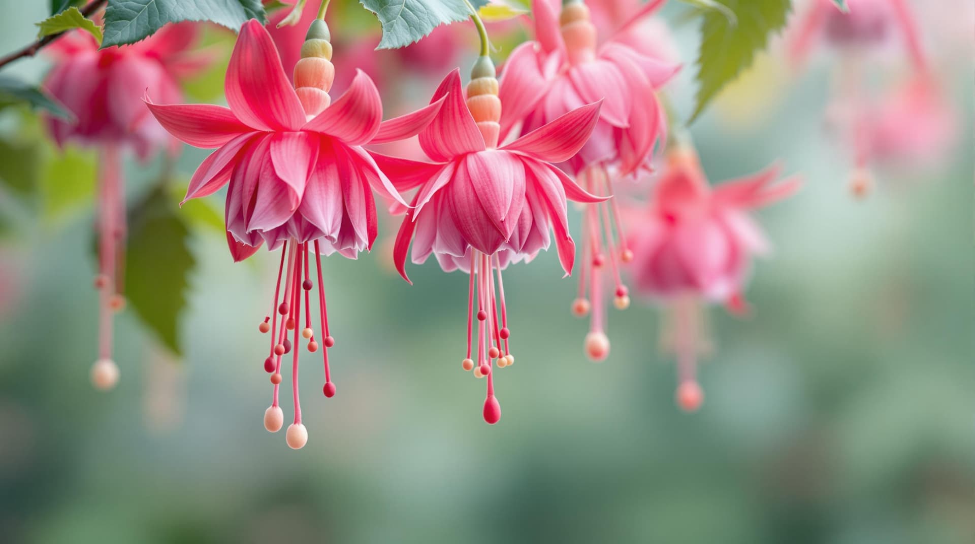 AI generated: abstract 3d fushia species flowers drooping downward in a natural hanging down position, multi layer...