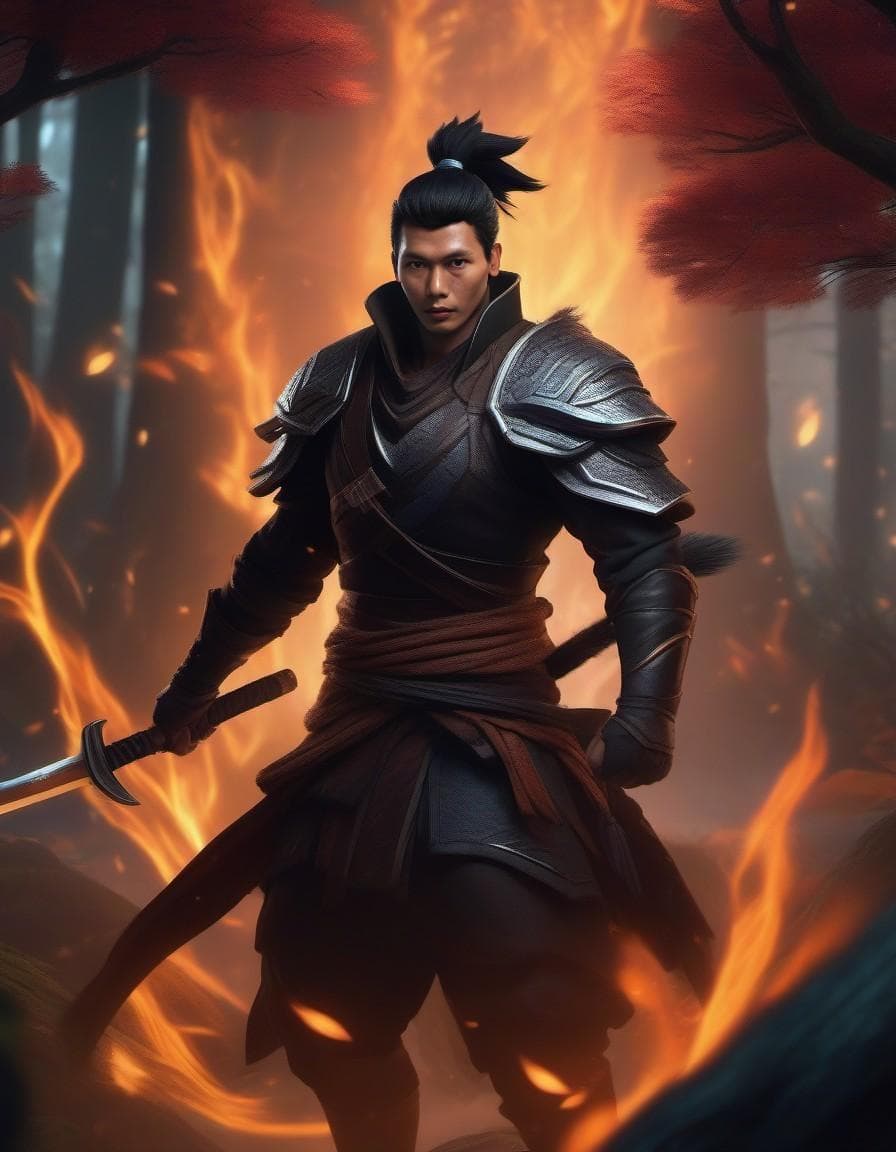 AI generated: Yasuo, the character from League of Legends, adorned in the Spirit of the Forest Yasuo skin, amidst ...