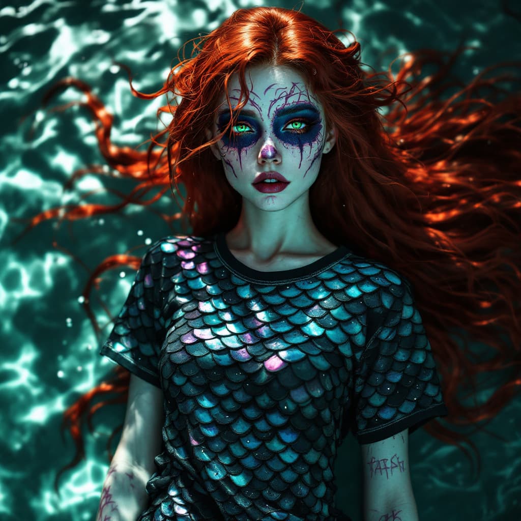 AI generated: a full body photo shot of a gorgeous cute (Mermaid) ginger with red hair, wearing a T-Shirt made of ...