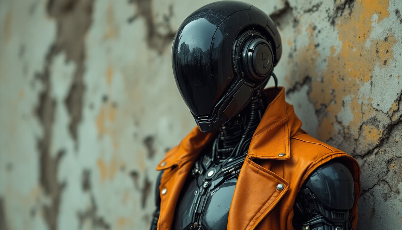 AI generated: In a dystopian setting, a humanoid robot stands against a textured, weathered wall, serving as the b...