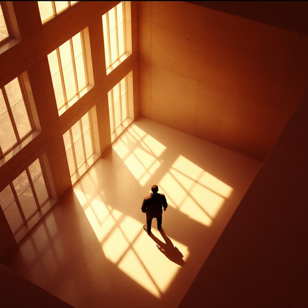 AI generated: digital painting, aerial, man caught in a dramatic interplay of light and shadow inside a contempora...