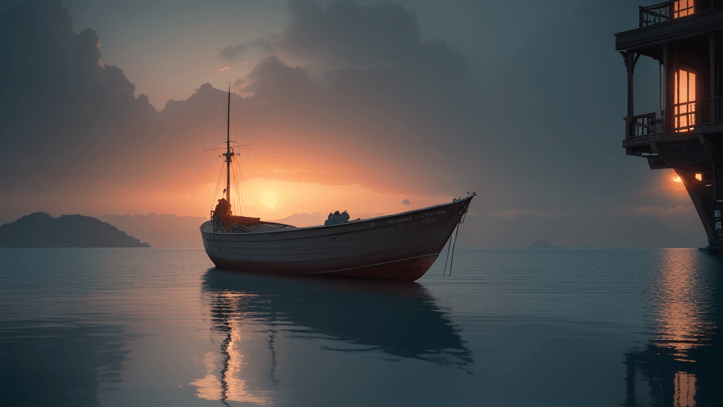 AI generated:  a boat sitting in the water during sunset, in the style of greg rutkowski, dream ocean,calm and ser...