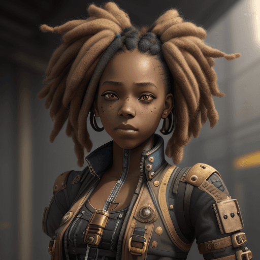 AI generated: An African-American youth girl in dystopian attire, steampunk style, dreadlocks hairstyle, hyperreal...