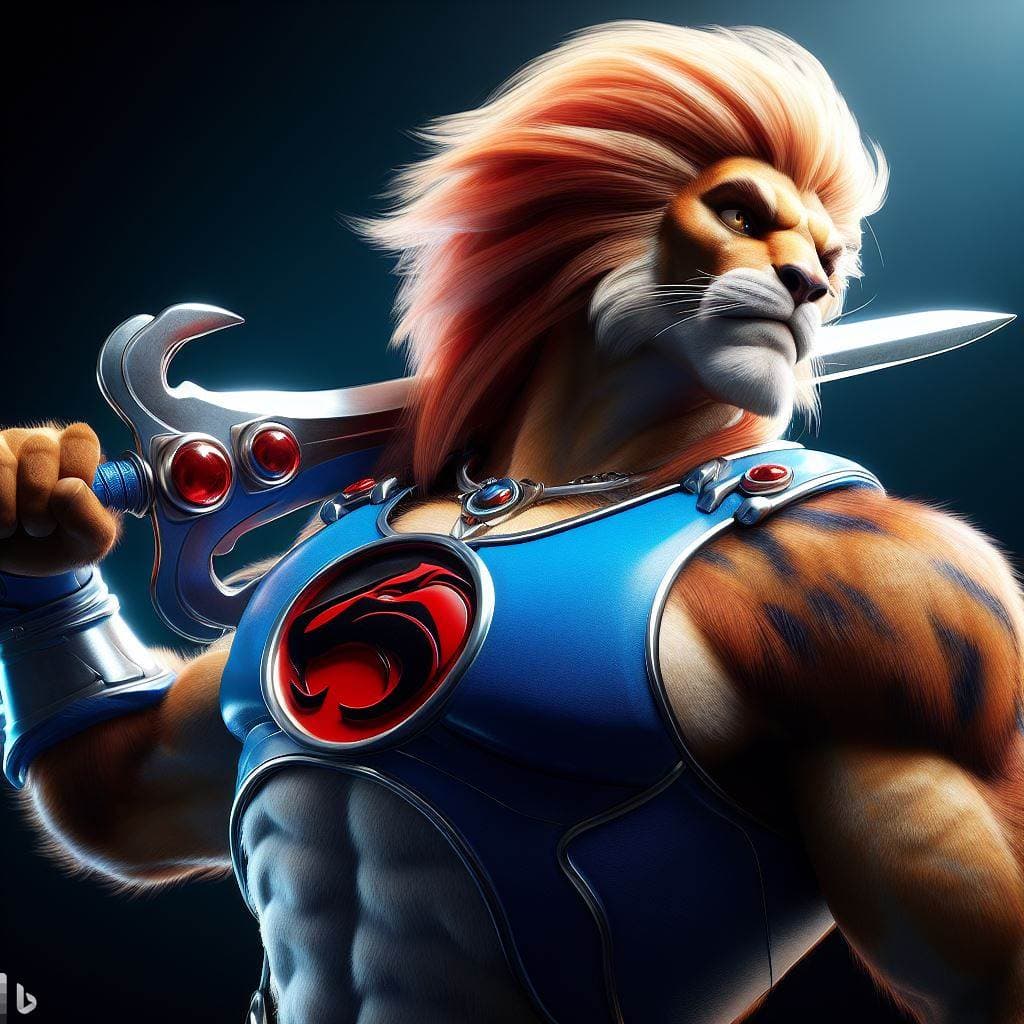 AI generated: Lion-O from Thundercats, a cartoon character with a sword and a cat head, concept art by senior char...