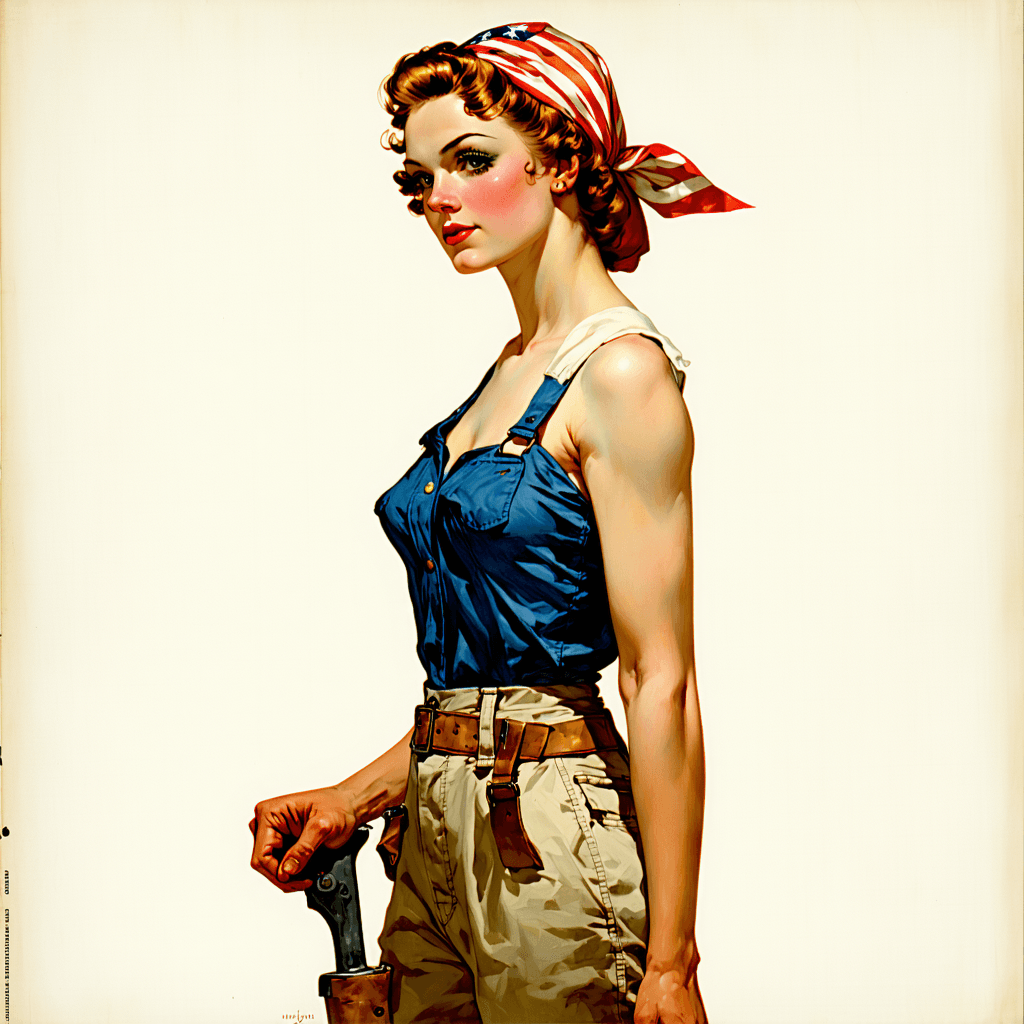 AI generated: Cover art quality illustration by ((Joseph Christian Leyendecker)), a Rosie the Riveter, 3/4 shot, f...