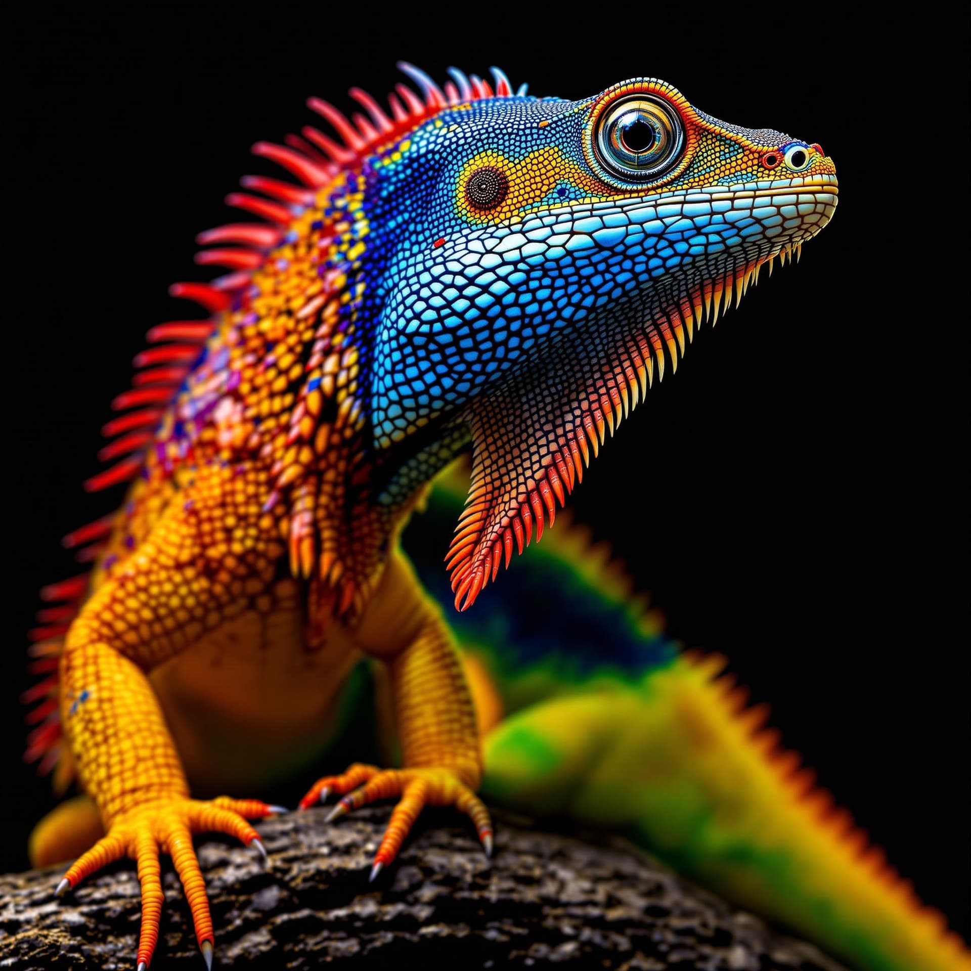 AI generated: The image features a large, colorful lizard with a long neck and a long tail. The lizard is sitting ...